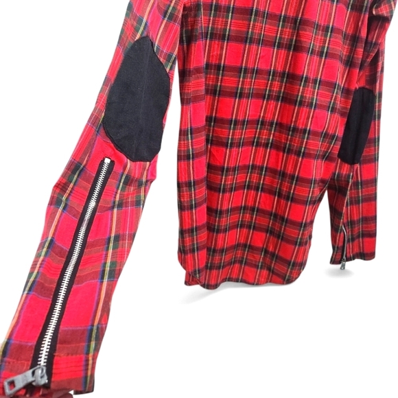 FWRD Denim & Co Men's 2XL Red Plaid Button Down Zipper Accents Elbow Patches - Picture 4 of 8